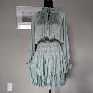 RESET by Jane Lana Tiered Mini Dress Sage Green S Coquette Satin Bohochic
